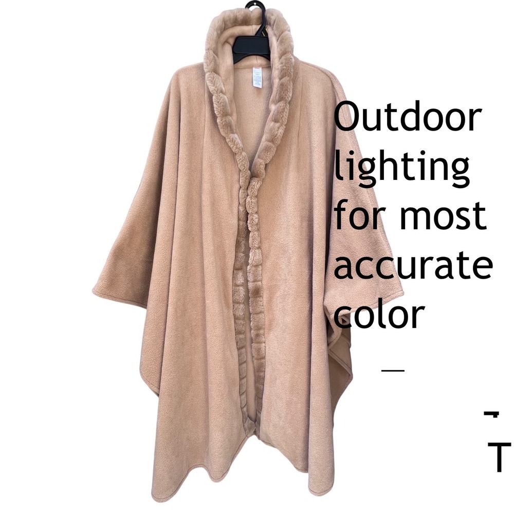 Worthington Tan Fleece Faux Fur Trim Cape Wrap Shawl ~ 3lbs heavy‎ on warmth